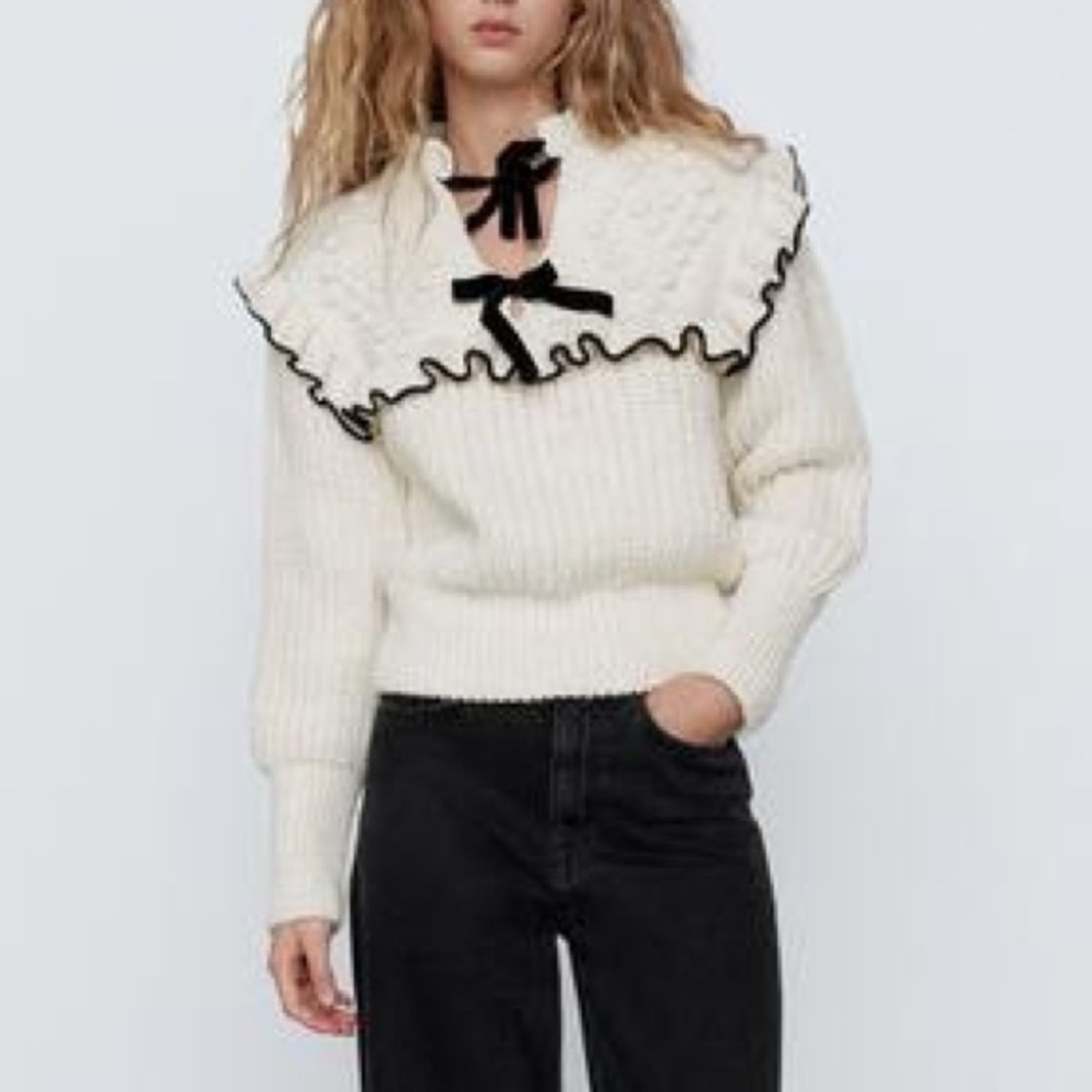 Zara Black and White Cream Bow Knit Sweater Ruffled